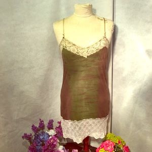 Green & Brown camisole with white lace accents